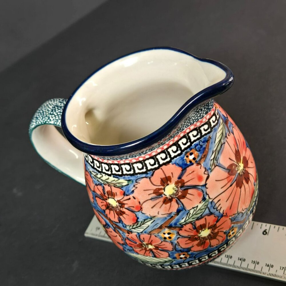 Polish Pottery UNIKAT Jungle Flower Small Stoneware Pitcher w Floral Design 6" - Picture 8 of 9